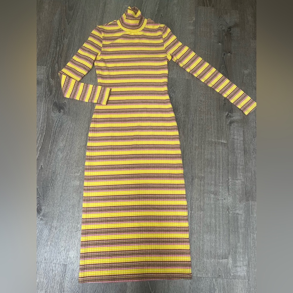 STAUD Yellow and Brown Striped Ribbed Turtleneck Midi Dress